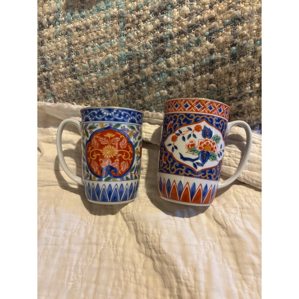 Vintage Japanese Imari Porcelain Coffee Mugs Set of 2 Peacock Floral Red Blue